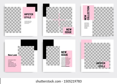 Minimal layout design background vector illustration in black pink white frame color. Editable square geometric shape banner template for social media post, flyer, look book magazine