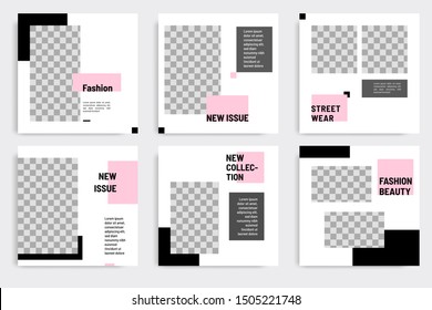 Minimal layout design background vector illustration in black pink white frame color. Editable square geometric shape banner template for social media post, flyer, look book magazine