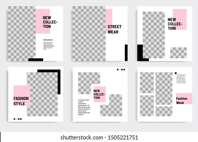 Minimal layout design background vector illustration in black pink white frame color. Editable square geometric shape banner template for social media post, flyer, look book magazine