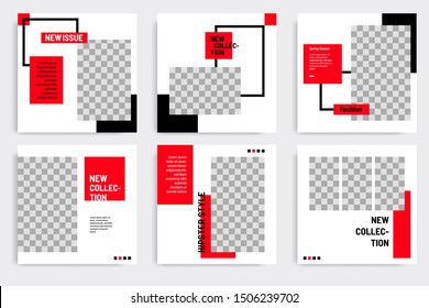 Minimal layout design background vector illustration in black red white frame color. Editable square geometric shape banner template for social media post, flyer, look book magazine