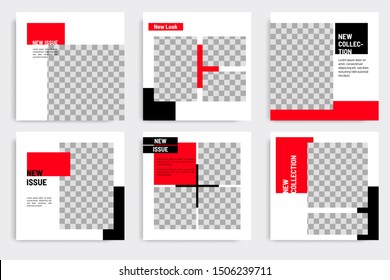 Minimal layout design background vector illustration in black red white frame color. Editable square geometric shape banner template for social media post, flyer, look book magazine