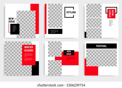 Minimal layout design background vector illustration in black red white frame color. Editable square geometric shape banner template for social media post, flyer, look book magazine