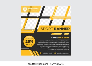 Minimal layout design background vector illustration in black yellow color. Editable square geometric shape banner template for social media post, stories, story, flyer, look book magazine