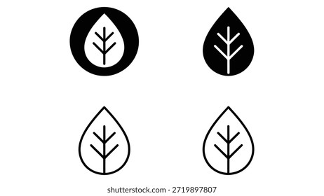 Icono eco de hoja mínima establecido en la ilustración de estilos sólidos y de contorno aislados en el fondo blanco para el App de logotipos de sostenibilidad de la naturaleza y diseño de impresión