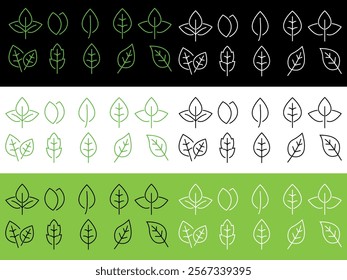 Minimal Leaf Icons Nature-Inspired Designs.Vector illustration isolated on black, white and green background.