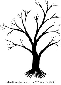 Minimal leafless tree silhouette on a white background. Simple black illustration perfect for logos, nature themes, book covers, prints, and decorative design elements.
