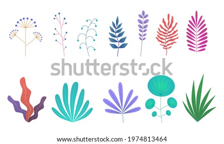 Minimal leaves flat. Simple green branches and bushes collection. Plant and tropical foliage. Jungle and garden summer botanical elements. Decor objects vector cartoon isolated set