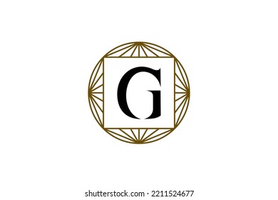 Minimal letter G inside globe or circle shape with line art ornaments