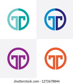 Minimal letter T logo linear icon design inside a circle, in multiple colors.