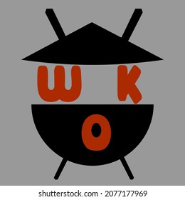 minimal lettering logo asian food wok with chopsticks and hat