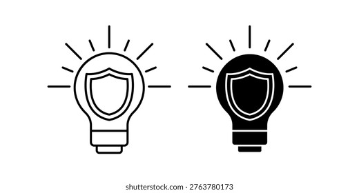 Minimal light bulb icon with shield symbol representing protection, defense, and safety ideas. Ideal for security systems and risk prevention themes.