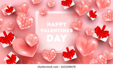 Minimal light composition with heart shaped balloons, surprise gift boxes, frame with copyspace. Can be used for web banners, posters, discount, voucher.