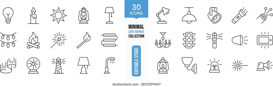 Minimal Light Sources Icons Collection – Lighting Equipment, Illumination, Electricity, Home Decor, Editable Outline Vector Symbol Set for UI Design