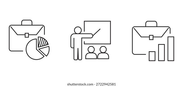 Conjunto de iconos de análisis de líneas mínimo con gráficos, gráficos, engranajes y símbolos de análisis de datos, que representan la inteligencia empresarial, el seguimiento del rendimiento y los informes.