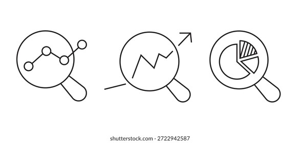 Minimal line analytics icon set with charts, graphs, gears, and data analysis symbols, representing business intelligence, performance tracking, and reporting. analytic icons.