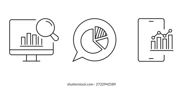 Conjunto de iconos de análisis de líneas mínimo con gráficos, gráficos, engranajes y símbolos de análisis de datos, que representan la inteligencia empresarial, el seguimiento del rendimiento y los informes.