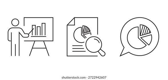 Minimal line analytics icon set with charts, graphs, gears, and data analysis symbols, representing business intelligence, performance tracking, and reporting. analytic icons.
