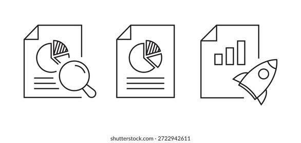 Ícones de análise de linha mínimos definidos com gráficos, gráficos, engrenagens e símbolos de análise de dados, representando business intelligence, controle de desempenho e relatórios. ícones analíticos.