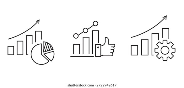 Ícones de análise de linha mínimos definidos com gráficos, gráficos, engrenagens e símbolos de análise de dados, representando business intelligence, controle de desempenho e relatórios. ícones analíticos.