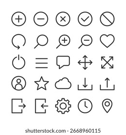 Conjunto de iconos vectoriales de App de línea mínimo aislados sobre fondo blanco