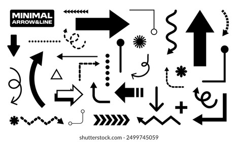 Minimale Linie, Pfeilspitze, Vektorgrafik-Set, Gestaltung von grafischen Elementen, Handzeichnung, Streifen, Schwarz Abstravt Clip Art für Dekoration, Moderne Illustration, Vektorgrafik