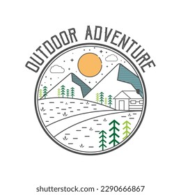 Minimal line art adventure logo template vector eps 10. Vintage simple logo design. Outdoor adventure line art scene, hiking landscape. Stock vector badge.