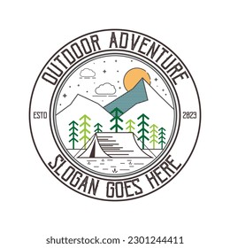 Minimal line art adventure logo template vector eps 10. Vintage simple logo design. Outdoor adventure line art scene, hiking landscape. Stock vector badge.