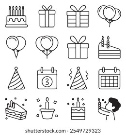 Minimal Line Art Birthday Celebration Icons – 25 Vector Designs with Pastel and Gold Accents