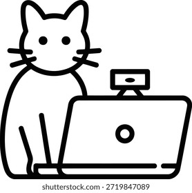 Gato minimalista del arte de la línea que utiliza el icono del ordenador portátil en fondo blanco