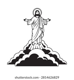 Minimal line art of Christ the Redeemer standing above clouds isolated on a white background. Perfect for Christianity, faith, religion, Brazil, travel, landmarks, spirituality, Easter, and cultural design projects.