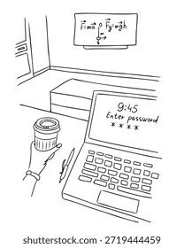Escena mínima del aula del arte de la línea o del escritorio del estudio con el ordenador portátil, la taza de café, el cuaderno y la fórmula de la física a bordo. Concepto de estudio, concentración, proceso de aprendizaje