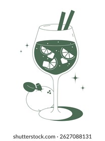 Coquetel de arte de linha mínimo com fatias de citrinos e gelo em um copo de vinho. Ilustração de bebida fresca e elegante, perfeita para o verão, bar ou projetos tropicais.