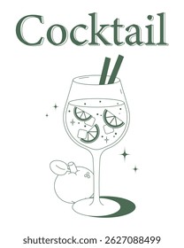 Minimal line art of a cocktail with citrus slices, ice cubes, and straws in a wine glass. Stylish drink design with decorative sparkles and fruit. Perfect for summer and bar themes.