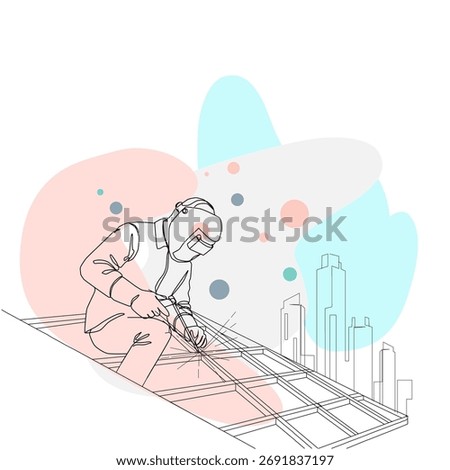 Minimal line art of a construction worker welding steel structure with abstract background and city skyline. Industrial and engineering concept.