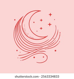 Minimal Line Art of Crescent Moon with Stars. Simple Night Sky Illustration