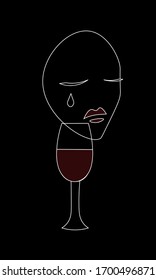 minimal line art with crying woman face and glass of red wine