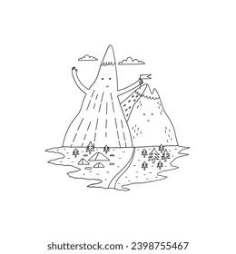 Minimal line art cute mountain sticking a flag into a neighboring mountain. Hand Drawn Vector illustration