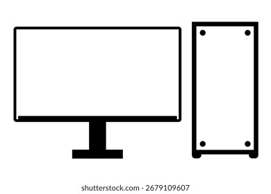 Arte de línea mínimo de la computadora de escritorio con el monitor y la CPU