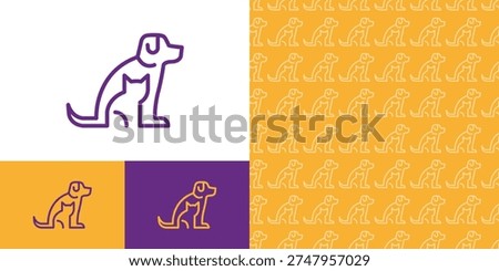 Minimal line art dog icon with cat insert detail and seamless repeating dog pattern. Modern pet-themed design in yellow and purple tones, perfect for branding, pet shops, veterinary services, packaging, and backgrounds.