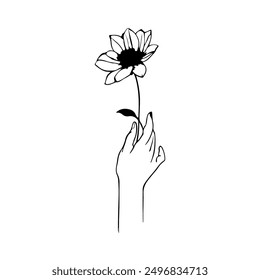 Minimal Line Art Drawing of Hand with Flower. Hand Drawn Flower in Trendy Line Art Style. Monochrome Vector Botanical Black Sketch on White Background for Minimalistic and Boho Design.
