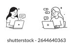 Minimal line art of female using computer for online interaction