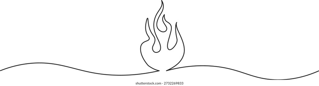 Minimal line art flame icon rising above a smooth curved horizon line. Clean black outline creates a calm, modern fire symbol. Ideal for energy concepts, logos, spiritual themes, and contemporary graphic design.