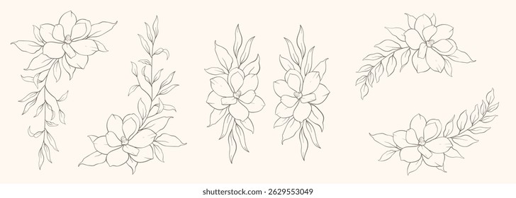Minimal line art flower corners. Hand drawn boho style vector illustration. Floral wreath in delicate line art style. Minimalist vector illustration. Wedding Invitation flower arrangements, bouquets
