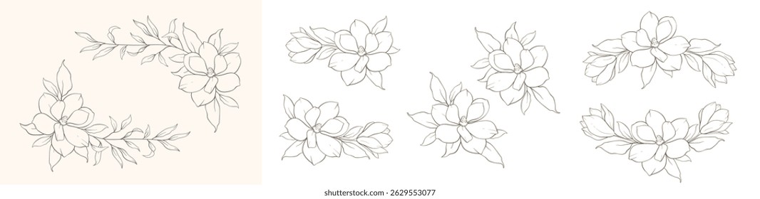 Minimal line art flower corners. Hand drawn boho style vector illustration. Floral wreath in delicate line art style. Minimalist vector illustration. Wedding Invitation flower arrangements, bouquets
