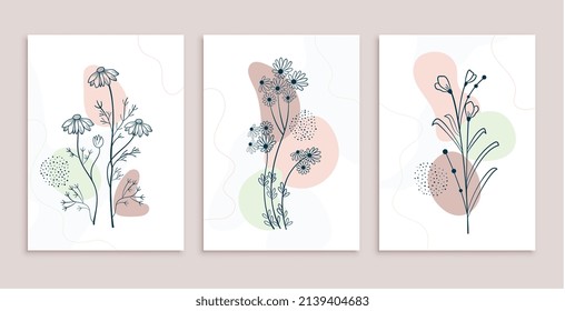 minimal line art flower and leaves poster design set