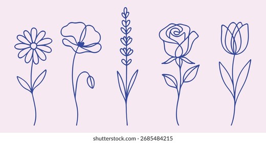 Minimal Line Art Flower Vector Set – Daisy, Poppy, Lavender, Rose, And Tulip Botanical Illustrations