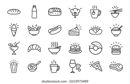 Minimal Line Art Food and Drink Icon Set Featuring Bread, Beverages, Desserts, Meals, Snacks, and Cutlery on White Background for Restaurant and Culinary Design Projects