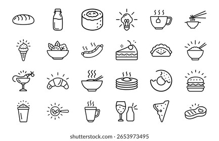 Minimal Line Art Food and Drink Icon Set Featuring Bread, Beverages, Desserts, Meals, Snacks, and Cutlery on White Background for Restaurant and Culinary Design Projects