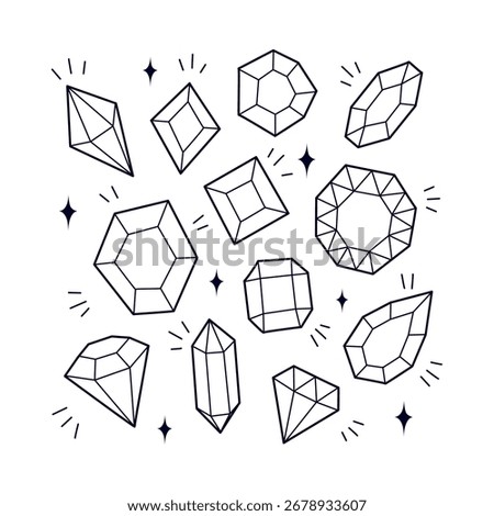 Minimal Line Art Gemstone and Crystal Outline Illustration