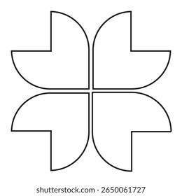 Minimal line art of geometric petal shapes forming a symmetrical abstract floral pattern. Ideal for logos, prints, and decor.